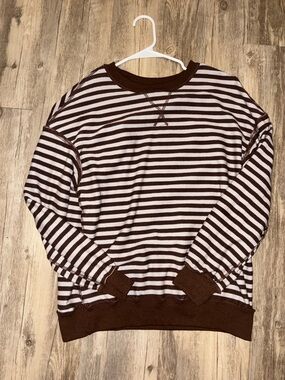 Women's Brown and White Striped Crewneck Sweater
